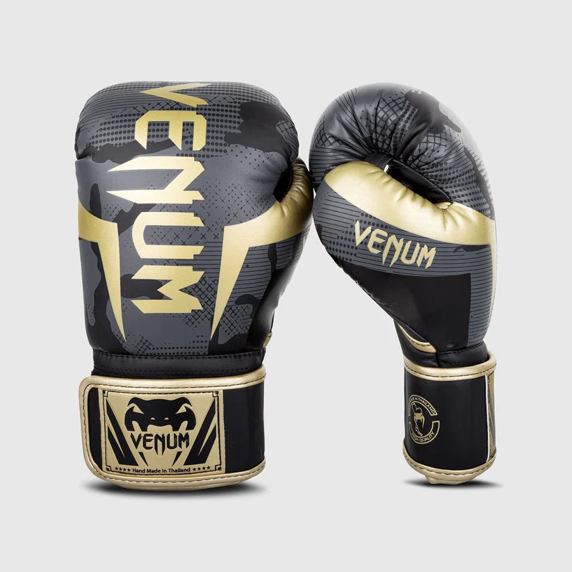 Venum Elite Boxing Gloves - Camo/Gold 16oz