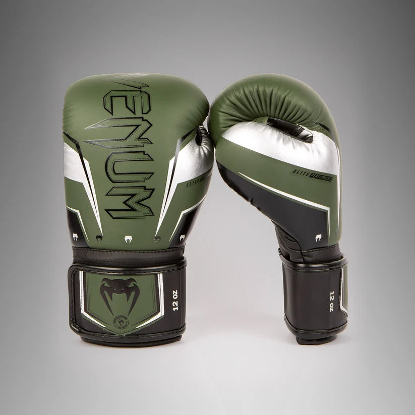 Venum Elite Evo Boxing Gloves - Khaki/Silver 16oz