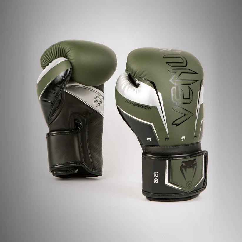 Venum Elite Evo Boxing Gloves - Khaki/Silver 16oz
