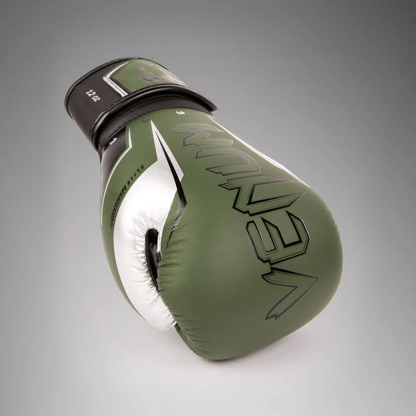 Venum Elite Evo Boxing Gloves - Khaki/Silver 16oz