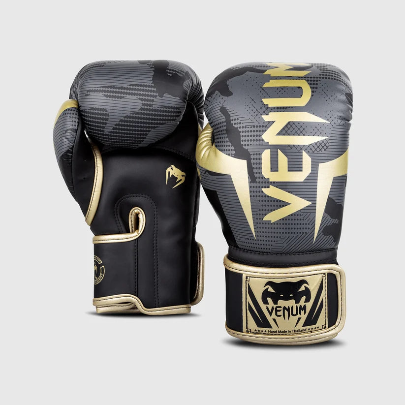Venum Elite Boxing Gloves - Camo/Gold 16oz