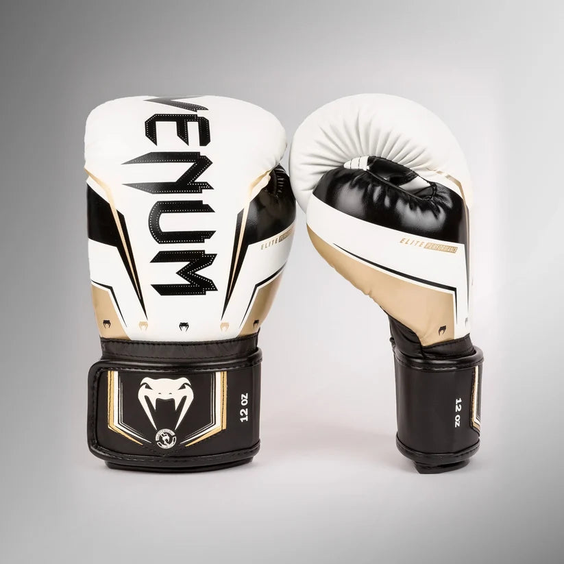 Venum Elite Evo Boxing Gloves - White/Gold/Black 16oz